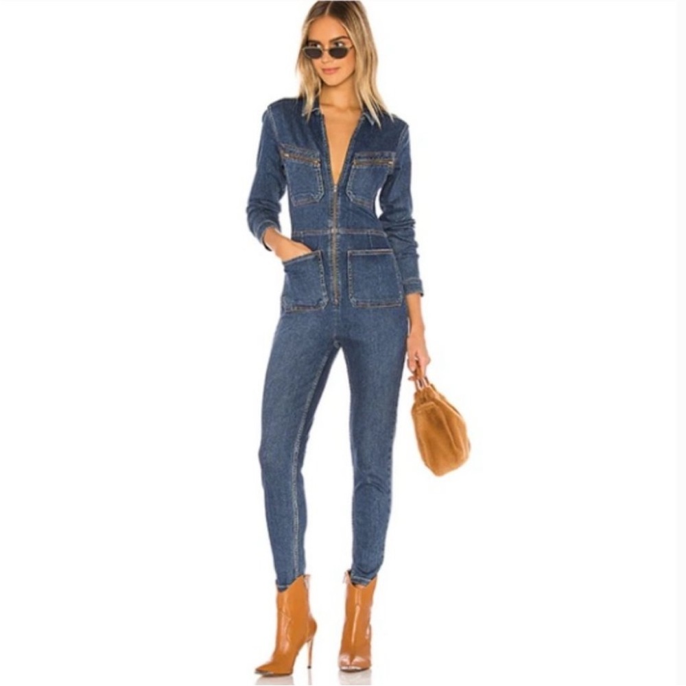 Free People Lennox Medium Wash Denim Utilitarian Boho Hippie Y2K Jumpsuit SZ XS